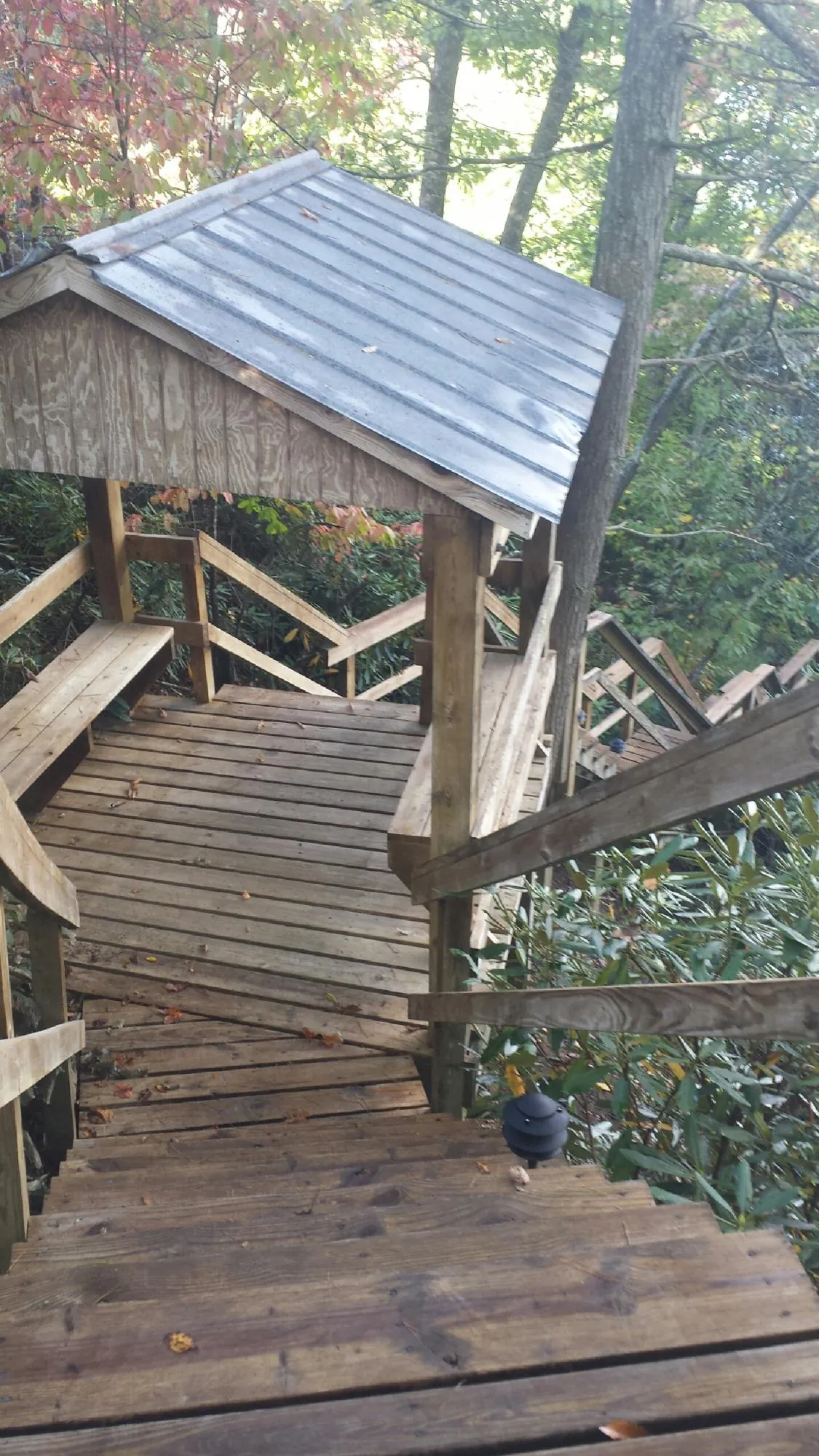 Metal roofed shelter over wooden steps on a wooded walkway — Skylight Repair & Installation work by our crew in Mc Clure